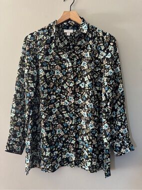 J. Jill | Black Floral Button-Up Blouse with Blue & Cream Flowers | XS